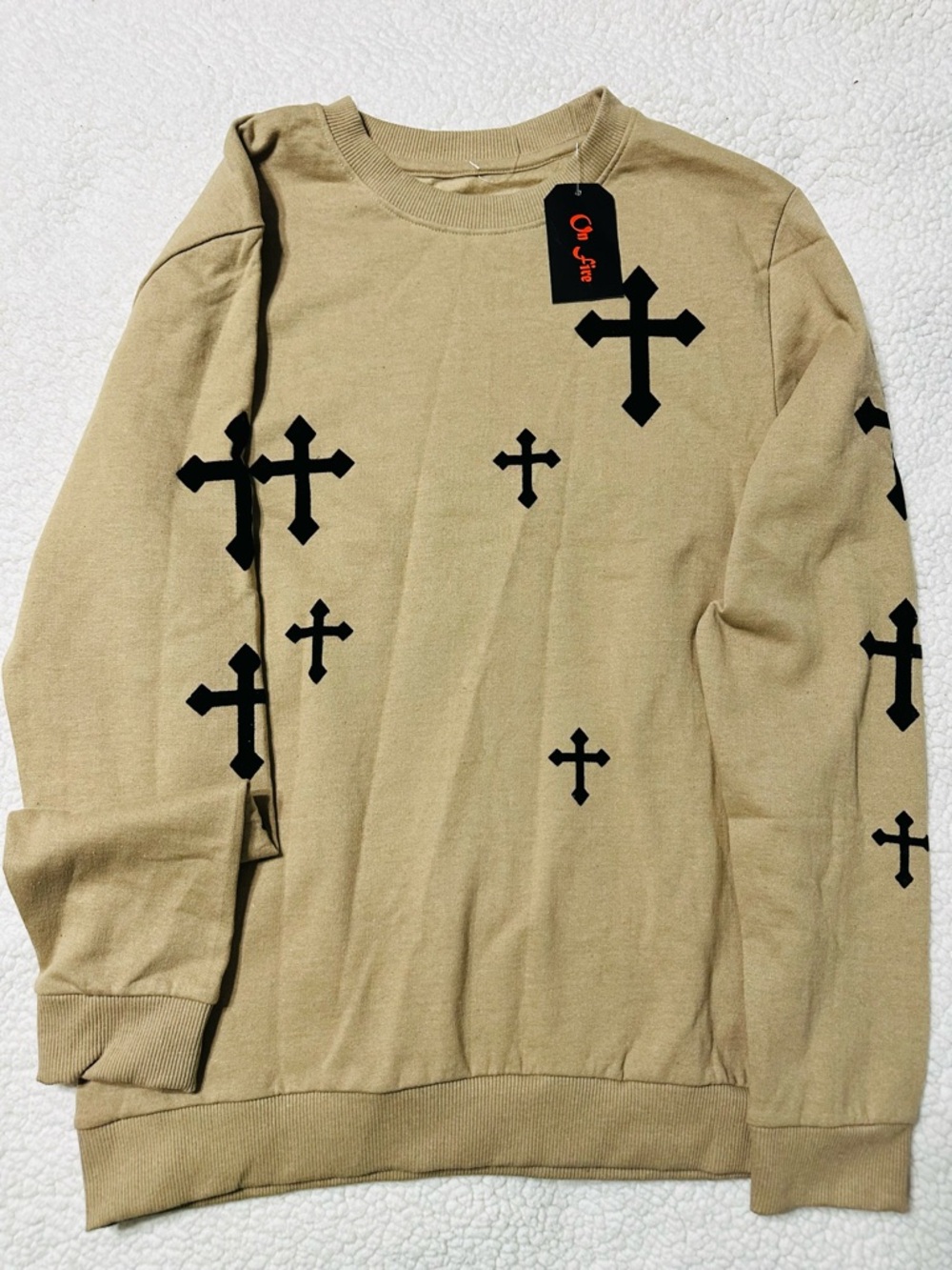 On Fire Tan Sweatshirt with Black Cross Motif